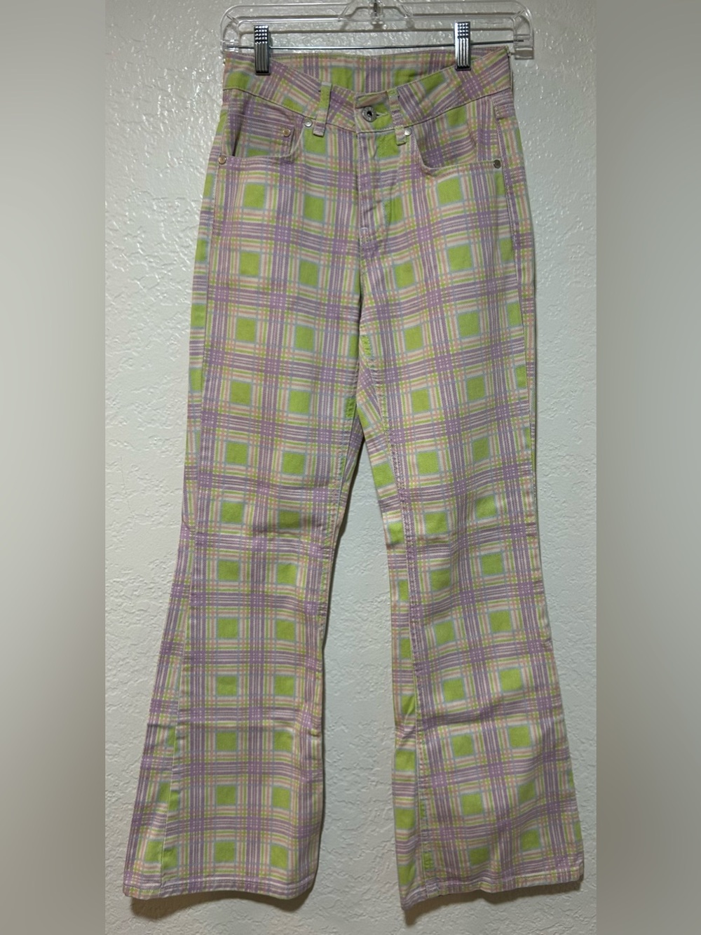 Ragged Green & Lavender Plaid Flared Pants